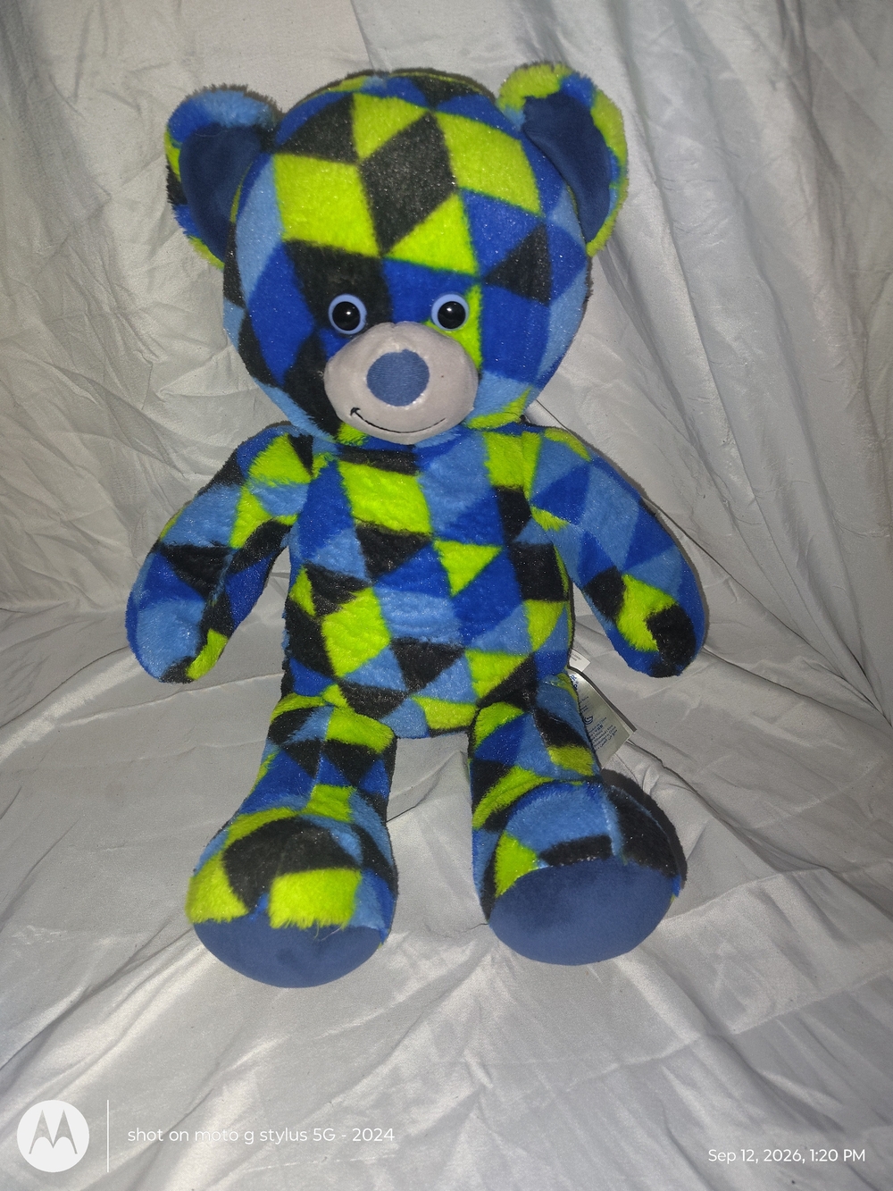 Build A Bear Plush Geometric Teddy Bear - Blue, Lime & Black